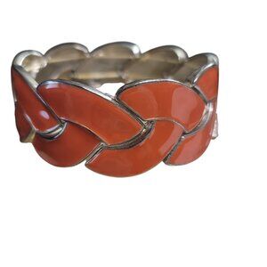 Orange Enamel & Silver-Tone Vintage Braided Stretch Bracelet Retro Jewelry